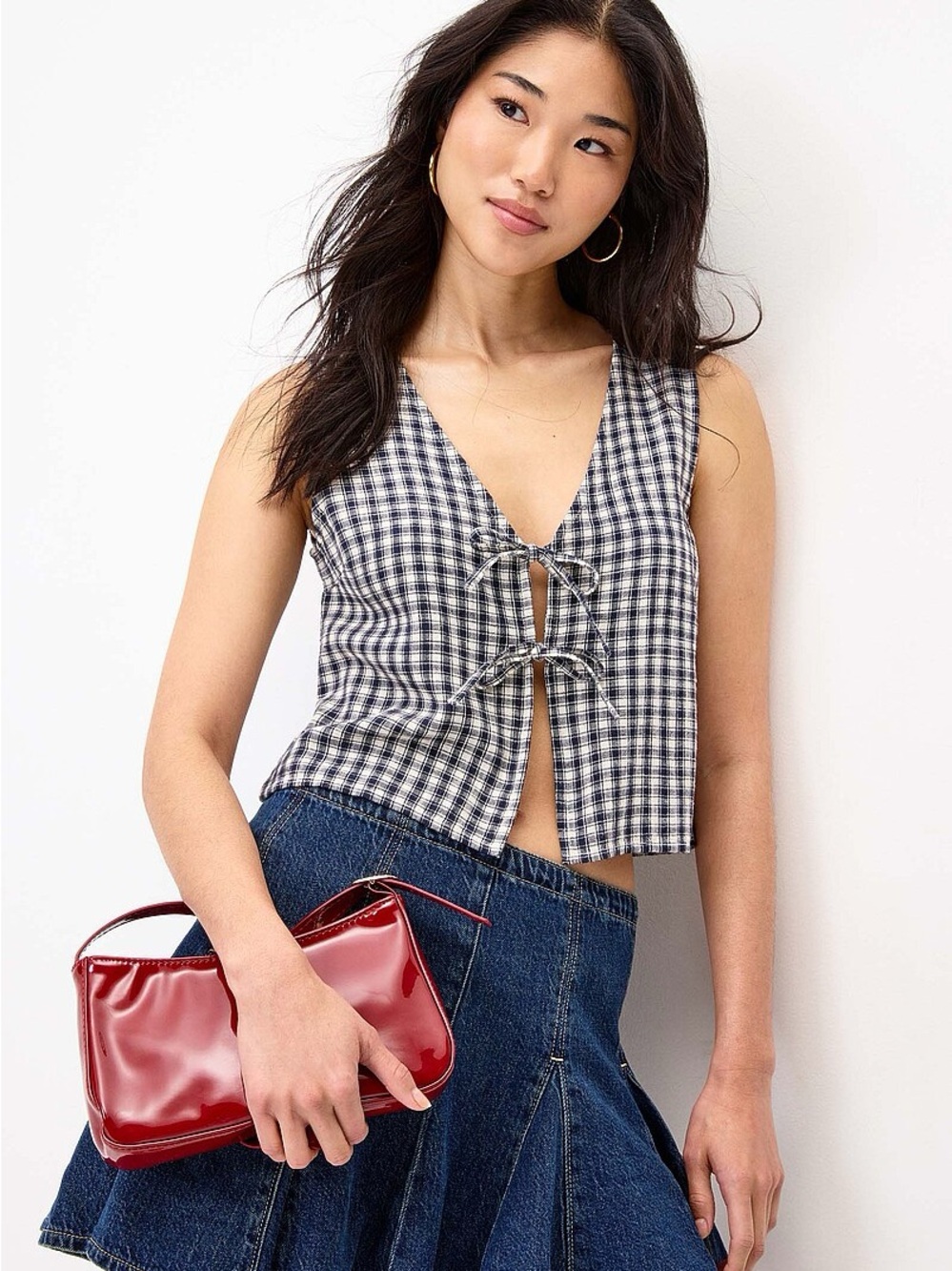 Twik Gingham Checked Tie-Front Top